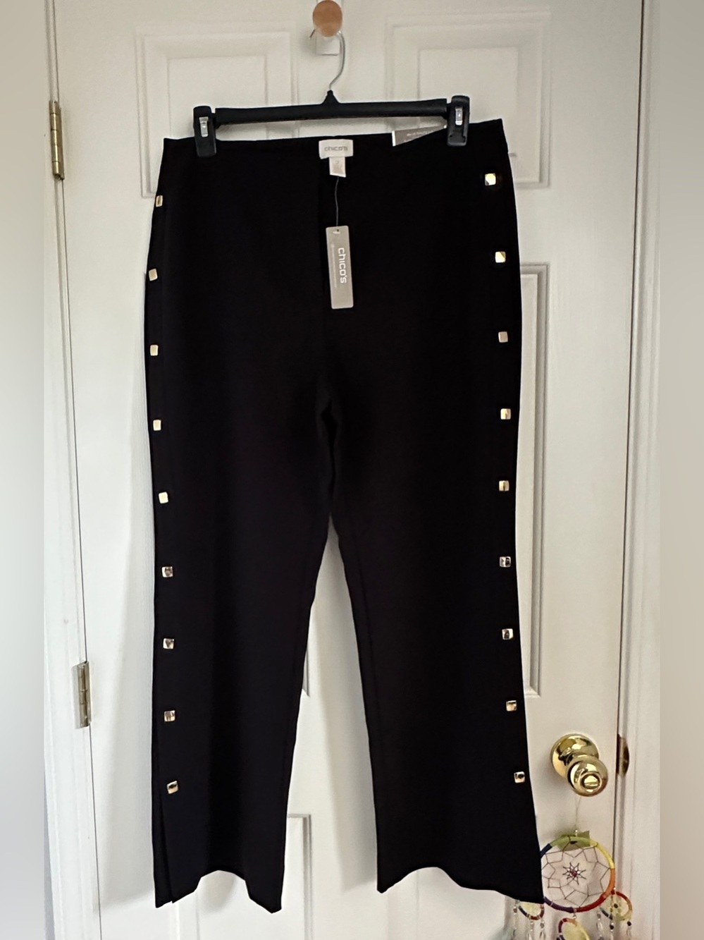 Chico's wide leg pants with square gold detail/ snap sides  -NWT-